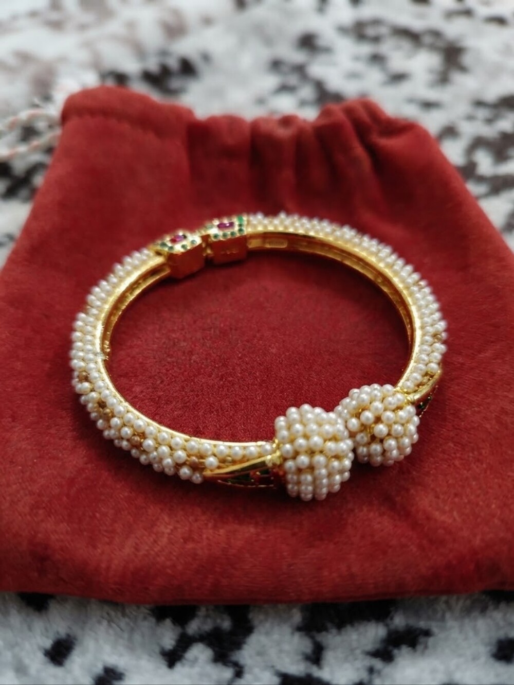 Indian Heritage Gold Seed Pearl & Gemstone Hinged Kada Bangle CC